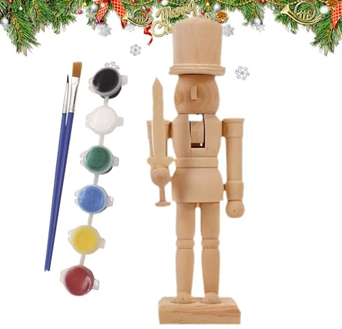 Wooden Nutcracker Unpainted - Wooden Decorations, Nutcracker Painting Set, Paintable Nutcracker Figures with 1 Brush, Six Grid Colour, Paint Your Own Nutcracker Figures for Children and Adults