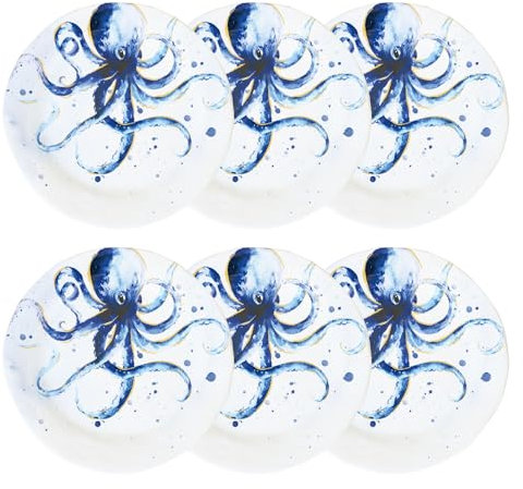 UPware Indigo Octopus Melamine Salad Plate Set, Round Plates for Risotto, Pasta, and Salad, BPA-Free, Dishwasher Safe, Blue, 9 Inch, Set of 6