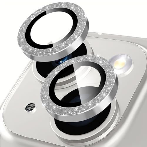 Rainway Camera Lens Protector for iPhone 13 / iPhone 13 mini, Glitter Decoration Individual Lens Protectors, Ultra-tough HD Tempered Glass with Aluminum Rim, Ultra-thin, Silver