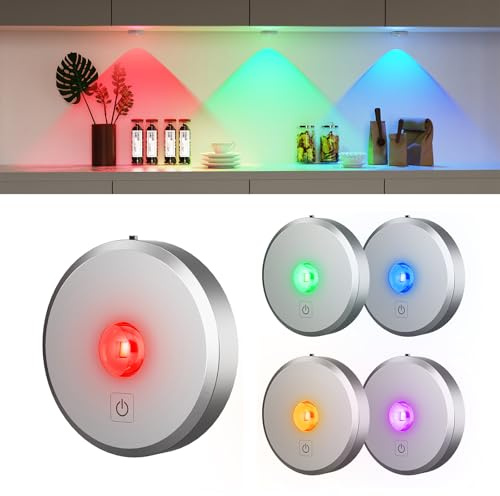 MEKKLEON RGB LED Vitrinenbeleuchtung Kabellos mit Fernbedienung, Silber, 5 Stück 2000mAh Aufladbar LED Spots Akku, Unterschrankleuchte, Schrankleuchte, küchenunterschrank