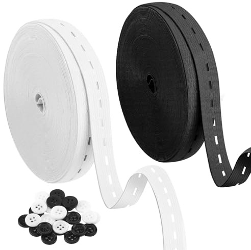 2 Rouleau Bande élastique de Couture Tricotée 20 mm × 30 m Bande | élastique de Couture Tricotée avec 30 Boutons pour Accessoires de Vêtements Projets de Bricolage Créations DIY Noir Blanc