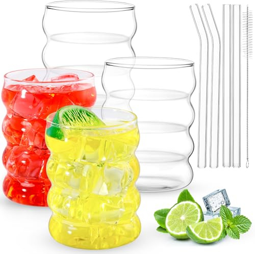 Jeffbaubl 4 vasos acanalados con pajitas de cristal, vasos de burbujas de 350 ml, vasos de café helado con pajita, cepillos, vasos de cóctel ondulados para cócteles, leche, agua, refrescos, zumos
