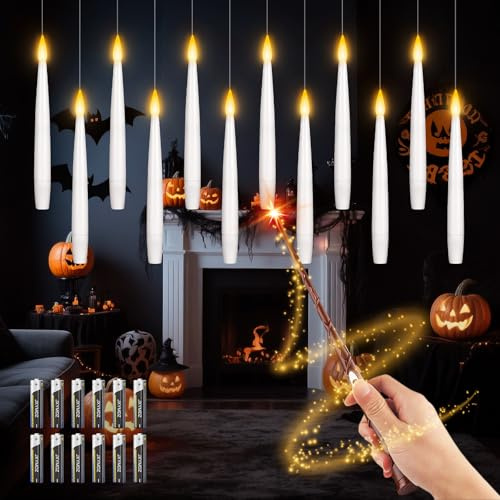 Lot de 12 Bougies LED Flottantes avec Télécommande Baguette Magique, Bougies Sans Flamme à Piles, Bougies Suspendues pour Noël, Mariage, Fête, Décoration Intérieure (avec 13 Batteries)