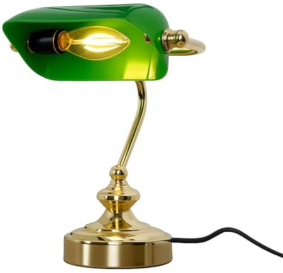 Tischleuchte beweglich Bankerleuchte Messing grün Schreibtischleuchte Vintage, Metall Acryl, 1x LED 6W 380Lm warmweiß, LxBxH 19x16,5x24 cm