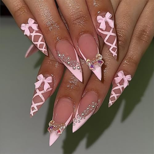 Nymora 24 Stück Press on Nails Lang, Rosa Schmetterlingsmuster Kurz, Kunstnägel zum Aufkleben mit Nagelkleber, Jelly Gel Tragekit