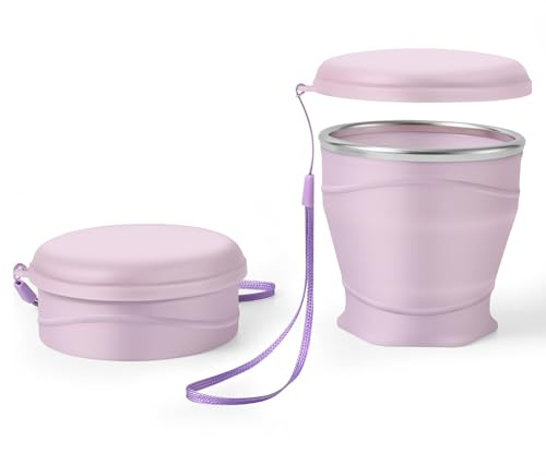 Bidponds Vaso de silicona plegable de 260 ml con tapa, sin BPA, borde de acero inoxidable 304, taza portátil para viajes, camping, senderismo, deportes al aire libre (morado claro)
