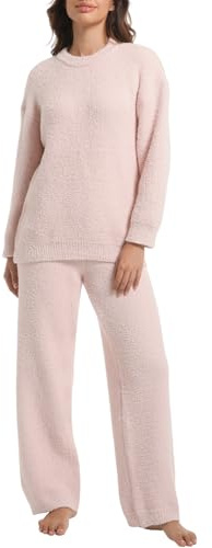 BOSECETA 2 Piece Fleece Pajamas for Women Set Loungewear Outfits Knit Sweater Womens Long Sleeve Fuzzy Pajama Sets (US, Alpha, Medium, Regular, Regular, Pink)