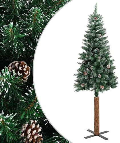 Gecheer Albero di Natale Sottile, Legno Vero e Neve Verde, 150 cm, PVC, per Decorazioni Natalizie