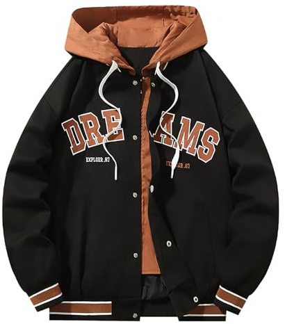 Mymyguoe Veste de baseball brodée pour homme - Veste bomber avec capuche - Veste universitaire - Veste mi-saison - Veste patchwork Collegiate - Avec poches - Coupe-vent - Pour l'extérieur, Noir , XXL