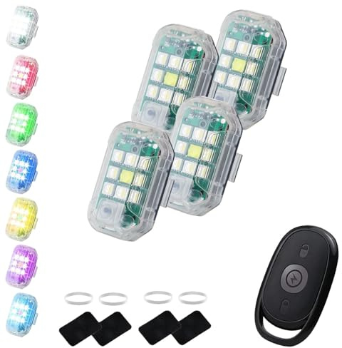 Lumières stroboscopiques LED sans fil haute luminosité, RVB magnétiques 7 couleurs rechargeables USB-C avec télécommande, 30 modes de flash haute luminosité pour voiture, moto (4SETS)