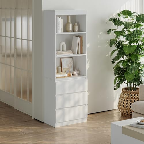 [en.casa] Bücherregal Les offenes Regal Standregal mit 3 Schubladen Wohnzimmer 180 x 60 x 35 cm Büroregal stehend Weiß
