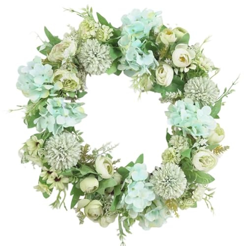 Lawnoval Ghirlanda di peonie e ortensie artificiali, 40,6 cm, per decorazione di porte e pareti, viola, blu, verde, bianco e verde