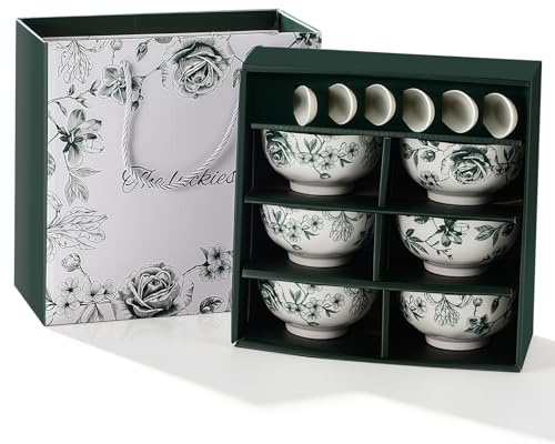 CHUNGG Japanese Style Ceramic Bowl Set - 6 Bowls & 6 Spoons, Glazed Green Rose Pattern, Cereal Bowl/Soup Bowls for Salad, Dessert, Snacks, Ideal Japanese Gifts in Gift Box