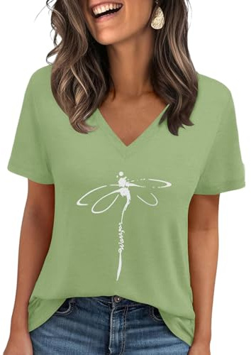 Cuptacc Camiseta básica de verano para mujer, cuello de pico, manga corta, monocolor, informal, top, Libélula verde, XXL