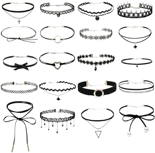 RPHONGHONG 20 Teiliges Choker Halsketten Set, Spitze und Samt Choker Kette Damen Schwarz Choker Halskette Verstellbarer Klassisches Gothic Spitzen Choker für Frauen Halsband Damen Schmuck