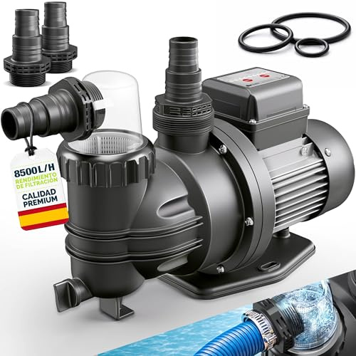 tillvex® Bomba de filtro piscina con temporizador 8 500 L/h & 450 W | Altura de impulsión máx. 9 m | Bomba de circulación para piscinas 33 m³ | Autoaspirante piscina desmontable & spa con prefiltro