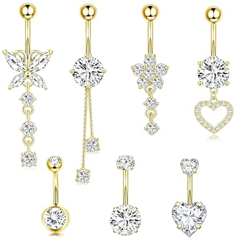 EOAMGO Belly Button Bars, Gold Belly Button Piercing Kit, Surgical Stainless Steel Belly Bars, Long Dangly Belly Button Bars and Short Small Belly Bar, 7 Pcs 16G Floating Navel Piercing Jewelry