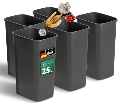 Novaliv Sparset 5x Mülleimer 25L ohne Deckel Anthrazit, Offener Papierkorb Abfalleimer für Küche Haushalt Büro Gewerbe, Müll Eimer Bin Abfallbehälter Kunststoff Mülltonne Eckig Made in Germany