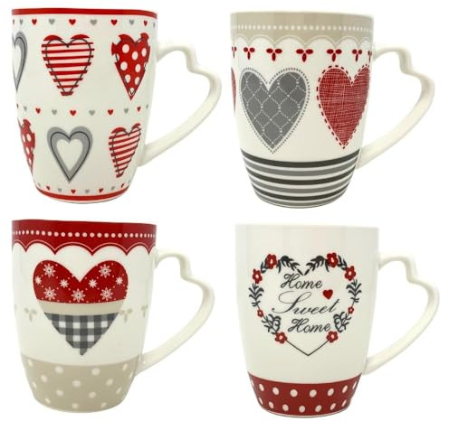 NAMAI - Lot de 4 Tasses à Café en Porcelaine, 8 CM x 10 CM, Original, Passe au Lave-vaisselle et au Micro-ondes, Mug Coeur, Couple (ROUGE 2)