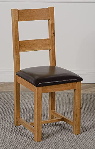 Oak Furniture King Lincoln Solid Oak Dining Chair – Ladder Back Wooden Kitchen Chair, Dining Room Chairs with Upholstered Leather Seat, Fully Assembled, Natural Oak Finish, Brown