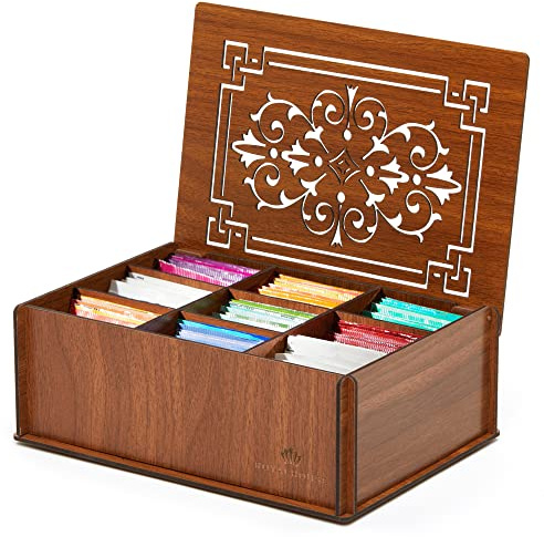 RoyalHouse Caja organizadora de té de madera de alta calidad (MDF duro) (marrón), caja decorativa multifuncional ecológica, 9 compartimentos para una variedad variada de bolsas de té y artículos
