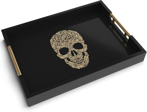 Death Decor Modern Serving Tray with Skull Design Gothic Ottoman Tray, Tea and Coffee Table Tray, Jewelry Bathroom Organizer, Gift, Halloween, Gloss Finish | Glossy black wood with gold handles. Skull-motif centerpiece. Goth coffee-table decor. A gift-worthy serving tray.