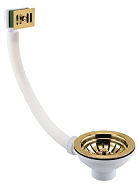 Taps2Traps® Polished Gold Finish Kitchen Sink Basket Strainer Waste Square/Rectangular Overflow + Metal Grid