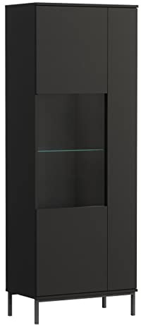 Mirjan24 Vitrine Nitho NH07, Standvitrine, Griffloses Öffnungssystem, Vitrinenschrank, Mehrzweckschrank, Glasvitrine für Wohnzimmer (mit weißer LED Beleuchtung, Schwarz)