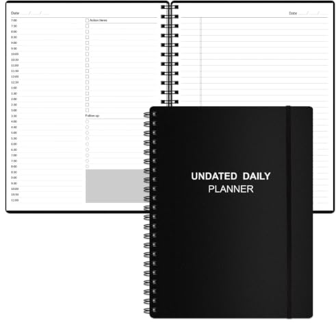 Undatierter Tagesplaner – undatierter Planer mit stündlichen Zeitplänen, Aktionspunkten und Nachverfolgung, A4-Tagesorganisator-Notizbuch zur Steigerung der Produktivität, Terminbuch für
