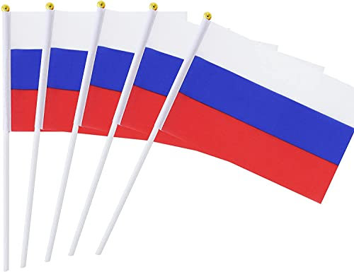 Russische Flagge, 25 Stück, kleine russische Flagge mit weißem Mast, für Laufstege, patriotische Veranstaltungen, 14 x 21 cm