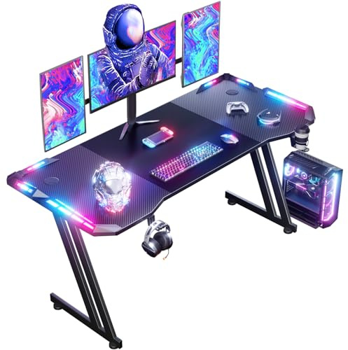 DLONGONE Gaming Desk 160x60cm with LED Lights, Z Shaped Gamer Desk, Black
