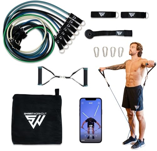 SMARTWORKOUT - Kit d’Élastiques de Musculation - 7 Bandes de Résistance Ajustable 5-120 kg - Poignées, Sangles de Cheville, Ancrage de Porte, +150 Exercices, Programmes en Vidéo Inclus, Transportable