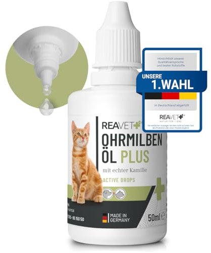 ReaVET Ohrmilbenöl Plus 50ml sofort wirksames Mittel für Katzen – gegen Ohrmilben mit Kamille für Katze, Sanfte Pflege bei Juckreiz im Ohr, Ohrentropfen Milben, Ohrenreiniger