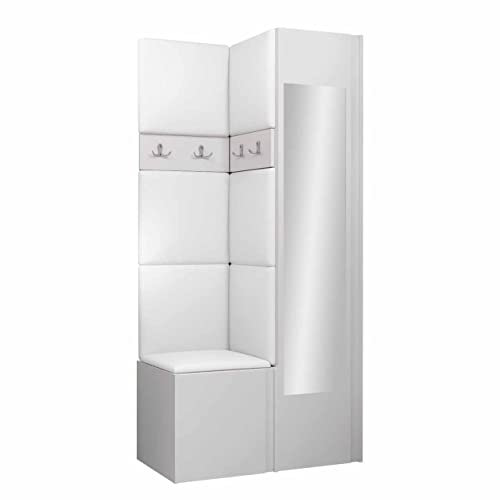 Mirjan24 Garderoben-Set Monati XXV, Kleiderschrank mit Spiegel, Schuhschrank, 2X Kleiderhakenbrett, Gepolstertes Paneel/Wandpaneel, 4 Doppelhaken, Flurgarderobe Wandgarderobe (Weiß, Soft 017)