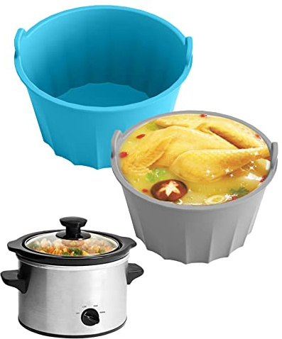 2 Pieces Silicone Slow Cooker Liners, Silicone Dividers for Reusable and Leak-proof Cookware Crockpot Liner Schongarer Insert for 5-6 QT Elliptical Round Slow Cooker (Blue + Grey)