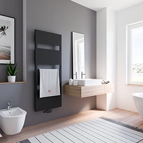 Schulte Bad-Heizkörper Turin, 154,3 x 50,5 cm, 543 Watt Leistung, Mittelanschluss und beidseitig von unten, Mattschwarz, Handtuchhalter-Funktion