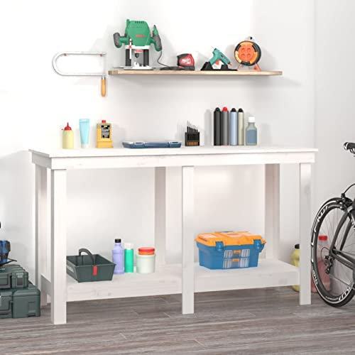BaraSh Werkbank Weiß 140x50x80 cm Massivholz Kiefer Packtisch Werkbank Werkstatt Arbeitstisch