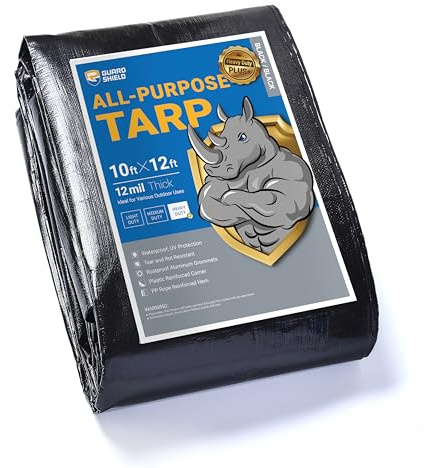 GUARD SHIELD Black Tarps Heavy Duty Plus+ Waterproof 10x12 Feet, 12mil Large Tarp with Reinforced Grommets, Outdoor Cover for Roof, Car, Boat, Truck and Ground Pool