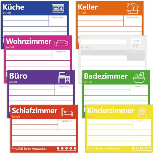 Große Umzugsetiketten im XL-Format-15x10cm, 80 Stück Umzugsaufkleber zum Beschriften von Umzugskartons, Bunte Etiketten Selbstklebend Sticker Universal Klebeetiketten für Übersicht beim Umzug-8 Farben