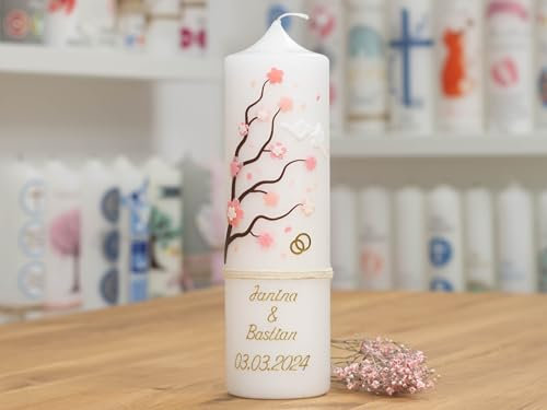 meinkerzenshop Hochzeitskerze CHERRYBLOSSOM personalisiert mit Namen und Datum, individuell und mit Echtwachs handverziert