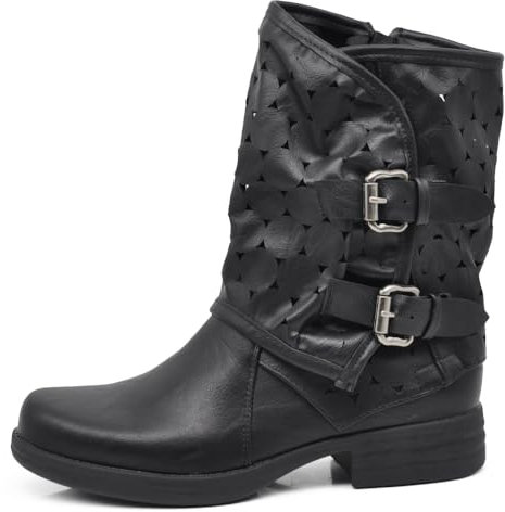 IF Fashion Scarpe Da Donna Stivali Stivaletti Biker Fibbie Anfibi Al Polpaccio Largo Con Fibbie 647-3 Nero N.38