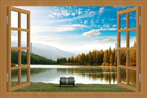 WRIGAEL Fake Window for Walls Faux Window Decal Windows Poster Picture Open Window Wall Art Decor, Stick and Peel Wallpaper Nature Wall Decol Riverside Scene Mural, 32x48