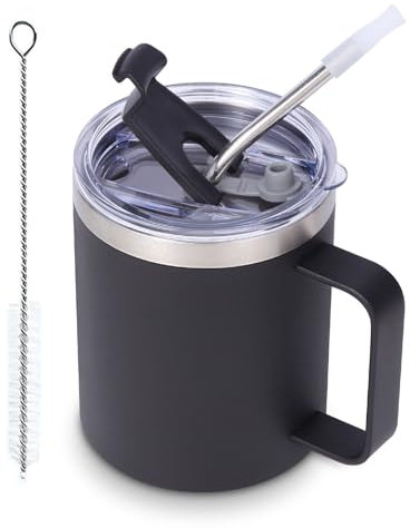 Volhoply Tazza da caffè isolata a tenuta stagna, con coperchio a ribalta e cannuccia, a doppia parete, in acciaio inox, con manico, riutilizzabile, per campeggio, mantiene freddo/caldo (nero, 1 set)