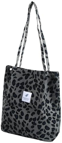 Canvas Tasche Tote Groß-Stilvolle Damen Stofftasche & Cord Shopper Handtasche, Praktische Schultertaschen & Cord Tasche, Modische Damen Tote Bag (1, graues Leopardenmuster, 31.8 x 11 x 34.3 cm)