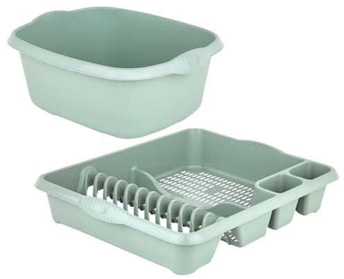 ( Set Of 2 ) 39cm Silver Sage Rectangular High Grade Plastic Washing Up Bowl With Stylish Large Dish Drainer Plate Rack Draining Board Tray Stand Sink Holder Organiser Kitchen Home And Restaurants