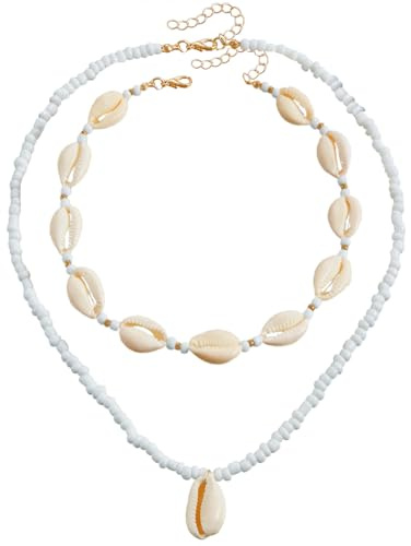 Generisch 2 Stück Muschelkette, Muschelkette Damen, Muschelschmuck, Damen Natural Shell Choker Halsketten Armband Schmuck Set Boho Muschelkette, Muschel Kette, Natural Shell Choker Halskette