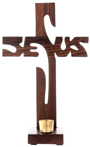 Jesus Tischkreuz aus Holz mit 2 cm grossem Kerzenhalter, 24 cm hoch
