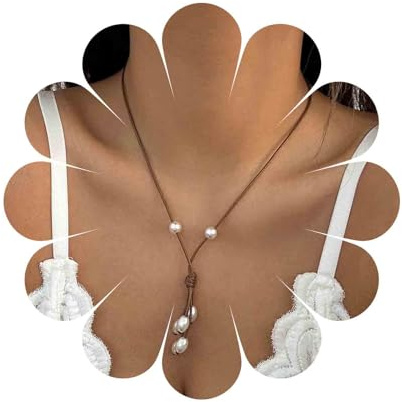 Aneneiceera Vintage Braun Leder Perle Choker Halskette Lang Y Lariat Halskette Perle Quaste Tropfen Halskette Vegan Leder Halskette Schmuck Für Frauen
