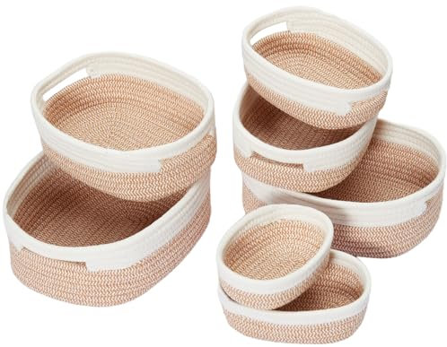 MANGATA Small Decorative Storage Baksets, Cotton Rope Woven Empty Gift Hamper Baskets, Storage Box for Shelf, Drawer, Towel, No Crease, Soft Material, Odourless (Mixed Ginger, Set of 7)