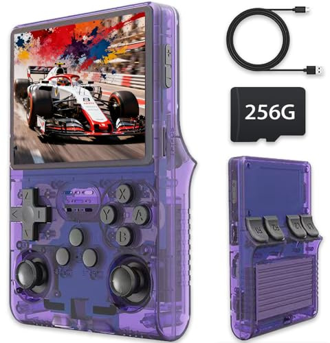 Consola de Juegos Retro R40S Pro, Consola de Videojuegos Portátil de Mano, Pantalla IPS de 3,5 Pulgadas con Tarjeta de 256 G y más de 30000 Juegos,45 Emuladores Integrados (púrpura-256g)